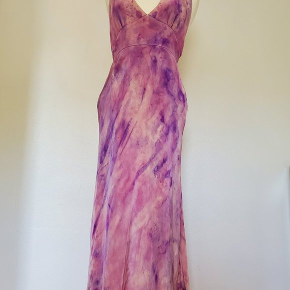 COPY - Silk Short midi halter Dress 6 8 10 bridesmaid party tiedyed painted pur… - Picture 3 of 16
